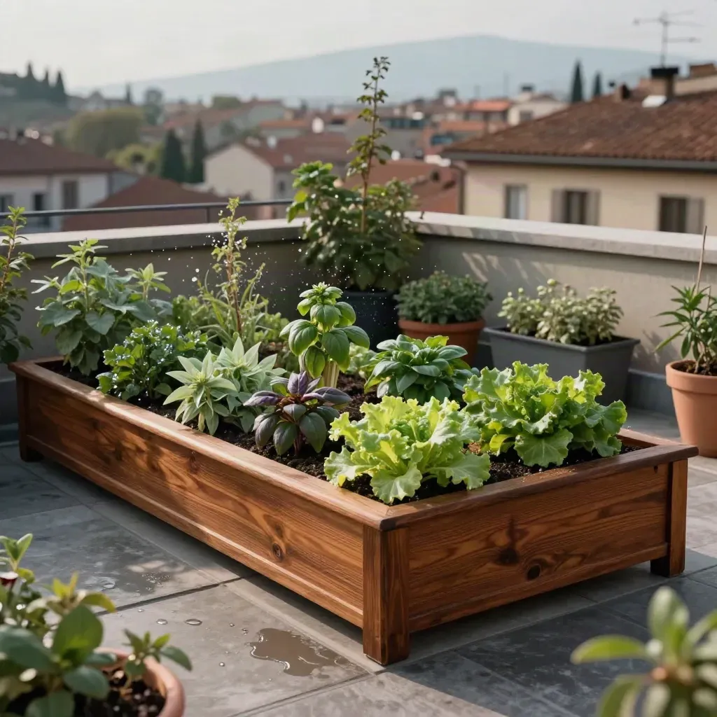 Orto urbano su terrazza dopo la pioggia, con letti in cedro e luce dorata.