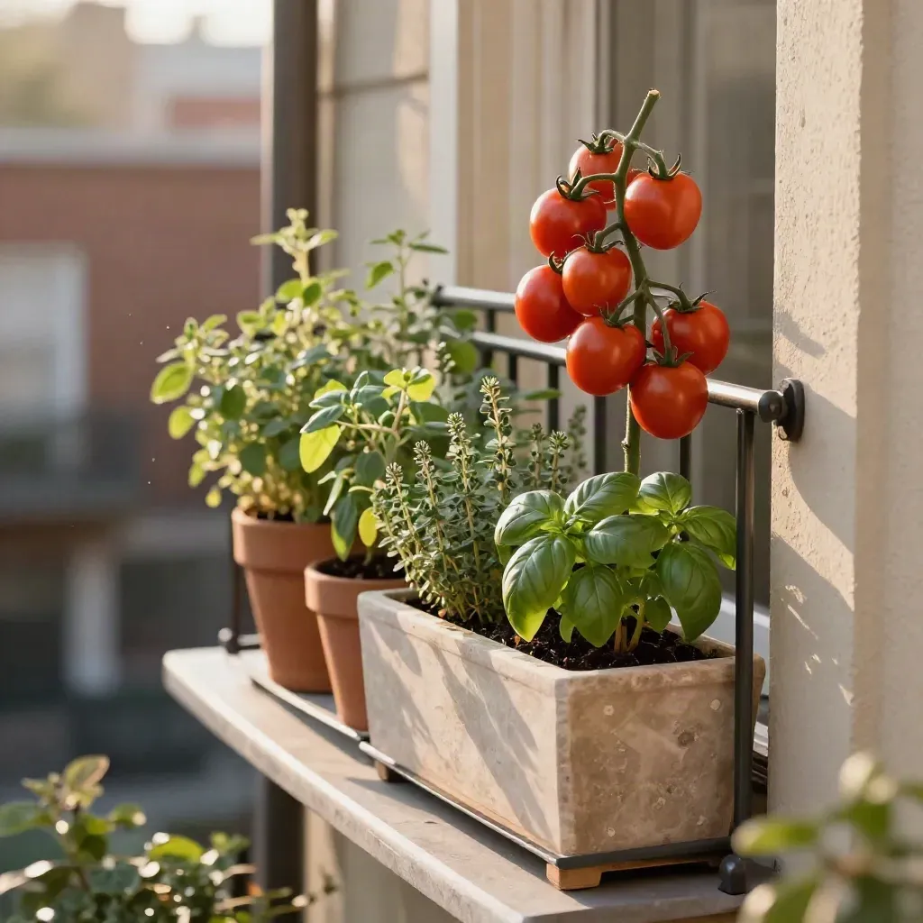 Balcone stretto con fioriere leggere, erbe aromatiche e pomodori nani nella luce calda.