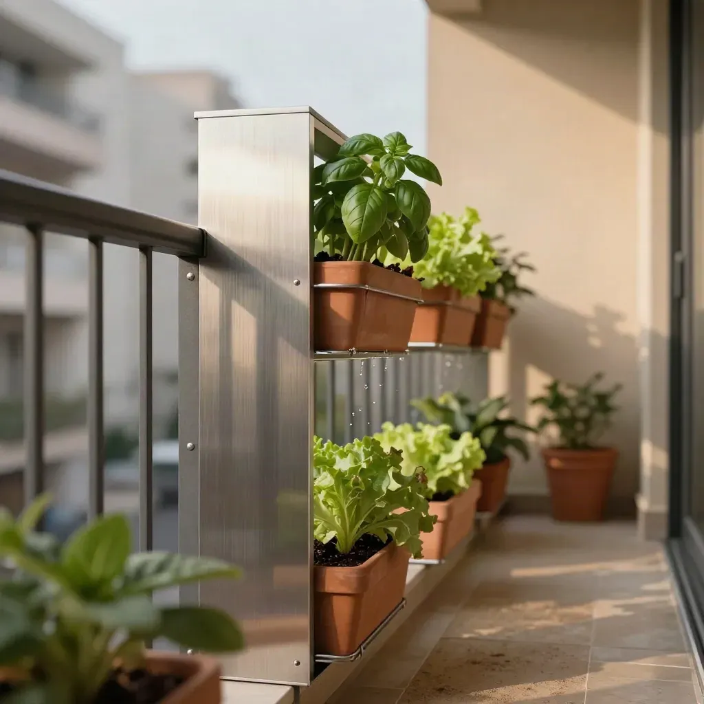 Balcone stretto con pannelli edibili, vasi sottili e irrigazione discreta, luce calda.