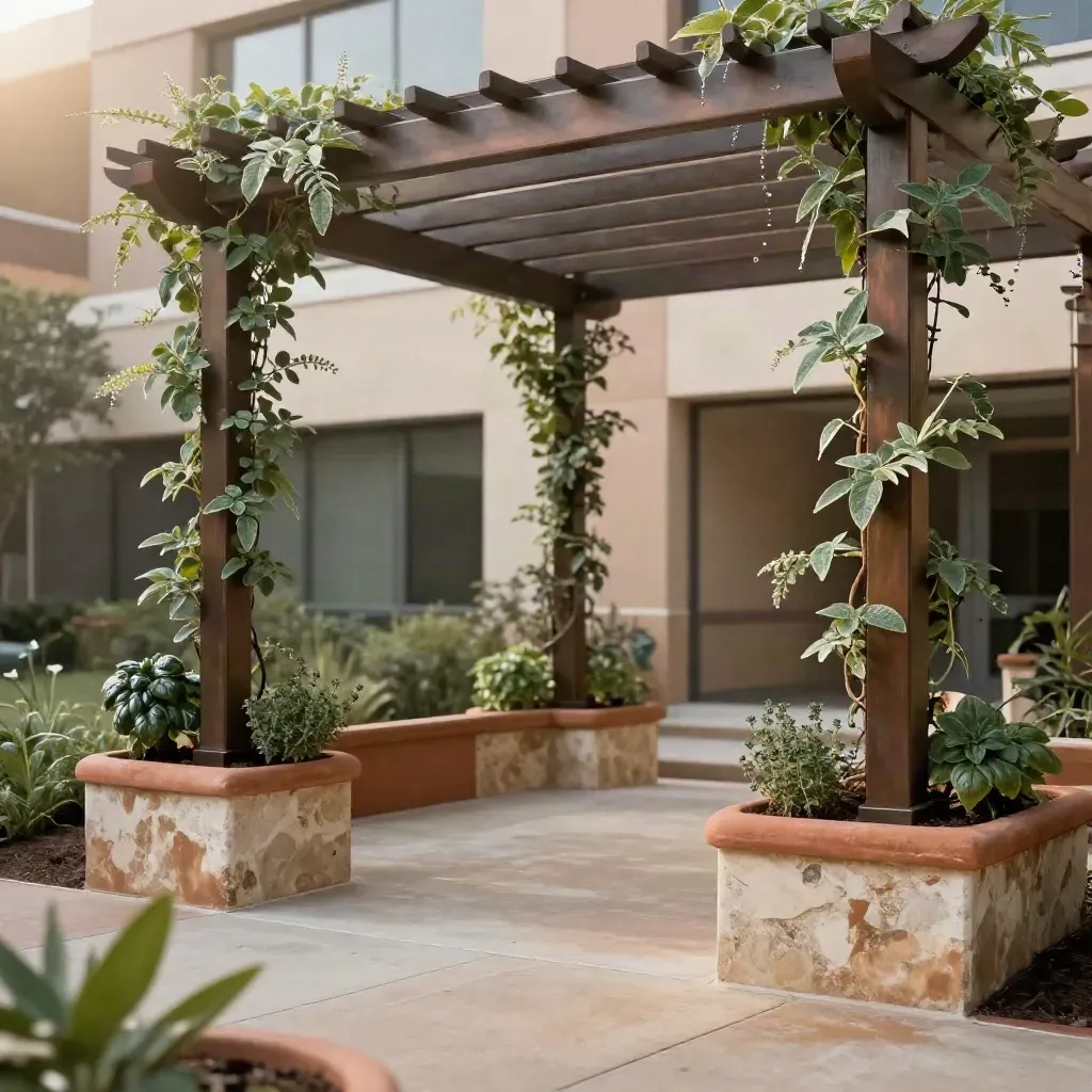 Cortile aziendale con pergola, orti perimetrali e rampicanti, luce estiva soffusa.